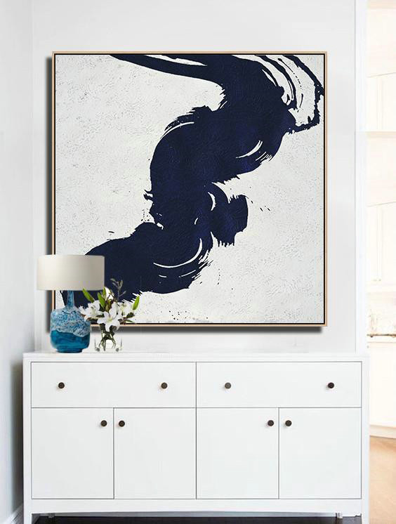 Handmade Extra Large Contemporary Painting,Minimalist Navy Blue And White Painting,Large Colorful Wall Art